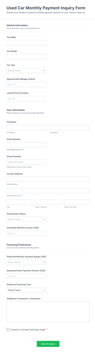 Used Car Monthly Payment Inquiry Form Template