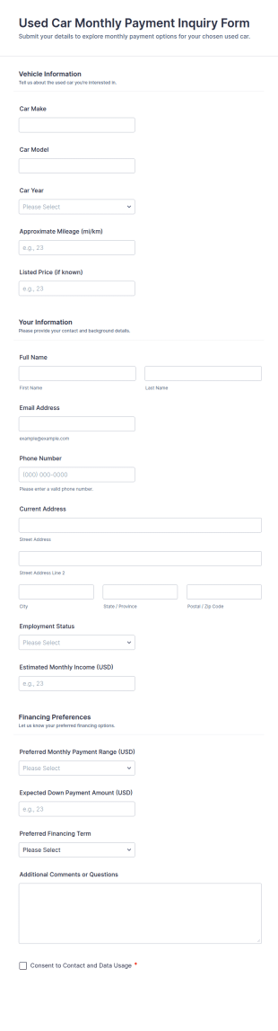 Used Car Monthly Payment Inquiry Form Template