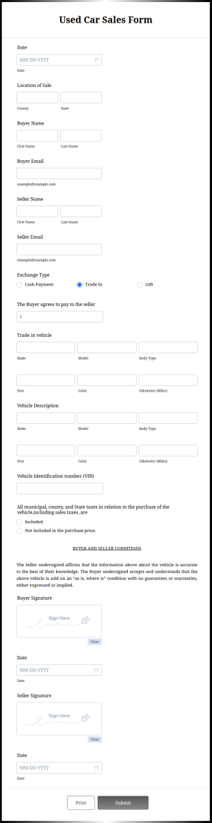 Used Car Sales Form Template