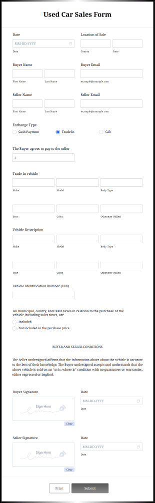 Used Car Sales Form Template
