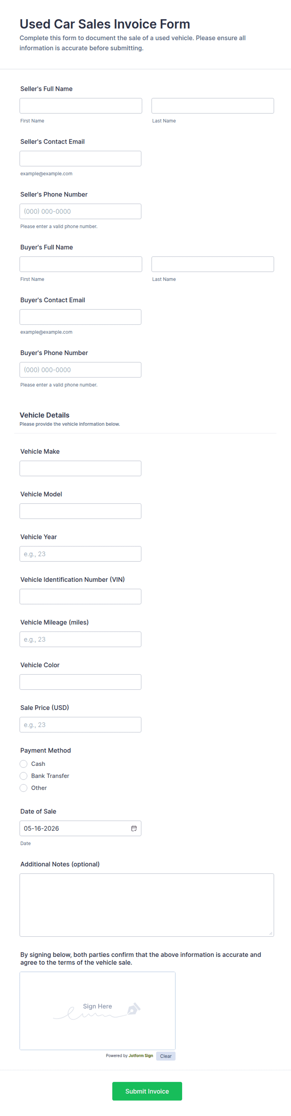 Store Used Form Used Car Sales Invoice Form Template | Jotform