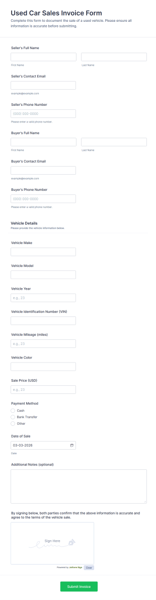 Used Car Sales Invoice Form Template