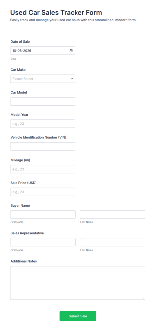 Used Car Sales Tracker Form Template