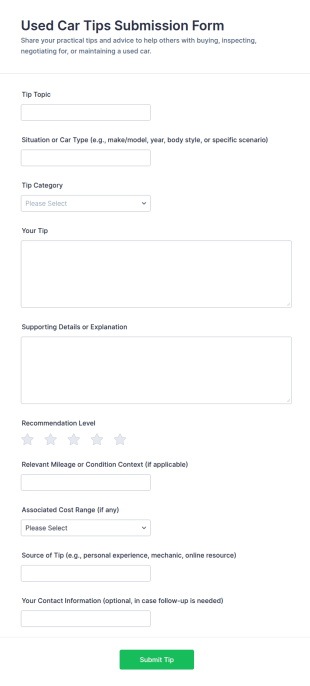 Used Car Tips Submission Form Template