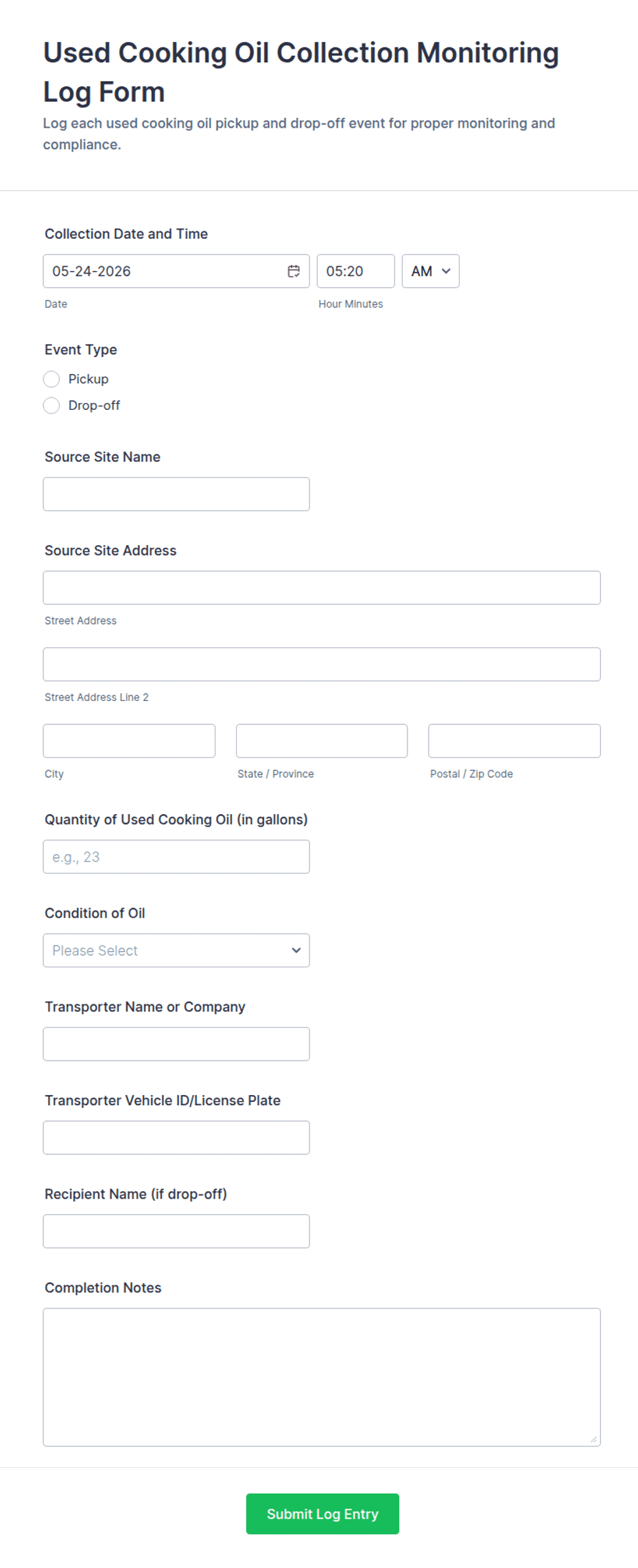 Used Cooking Oil Collection Monitoring Log Form Template | Jotform