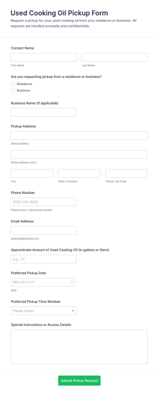 Used Cooking Oil Pickup Form Template
