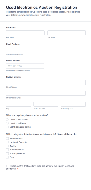 Used Electronics Auction Registration Form Template