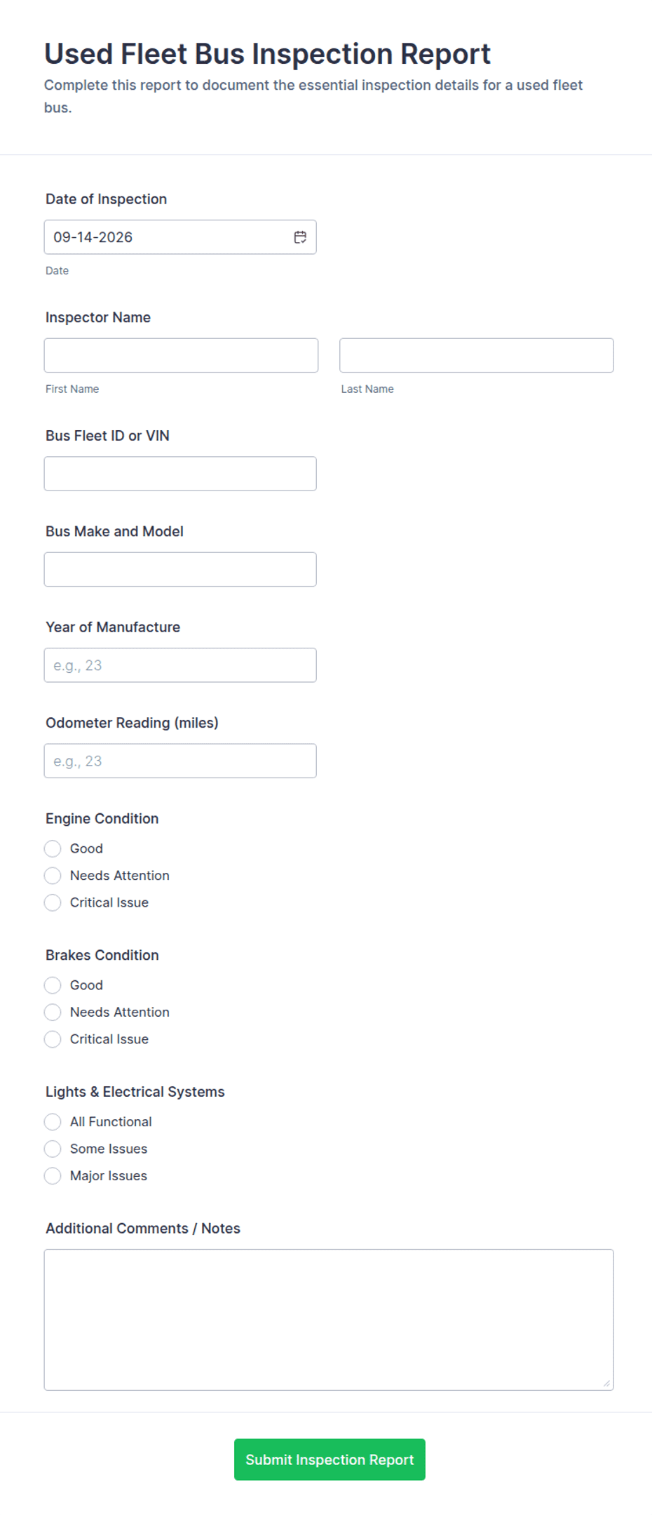 Used Fleet Bus Inspection Report Form Template | Jotform
