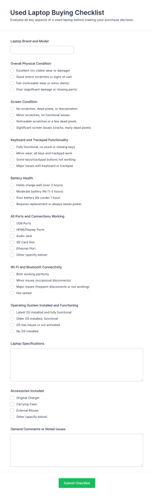 Used Laptop Buying Checklist Form Template
