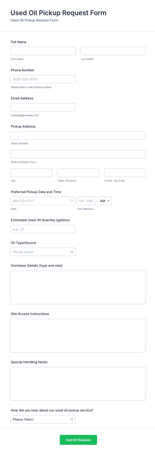 Used Oil Pickup Request Form Template