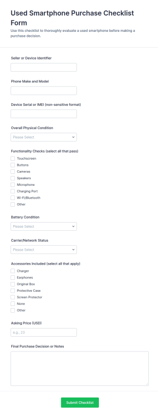 Used Smartphone Purchase Checklist Form Template