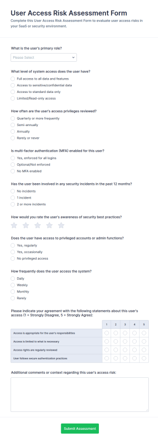 User Access Risk Assessment Form Template