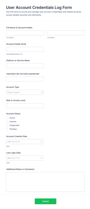 User Account Credentials Log Form Template