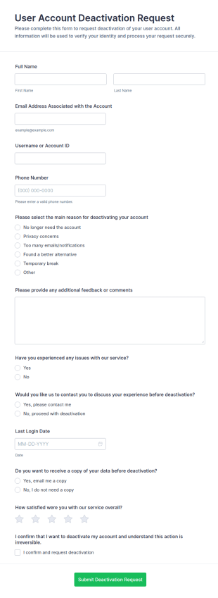 User Account Deactivation Request Form Template