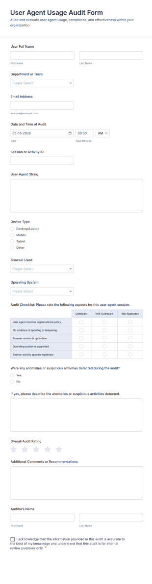 User Agent Usage Audit Form Template