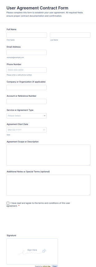 User Agreement Contract Form Template