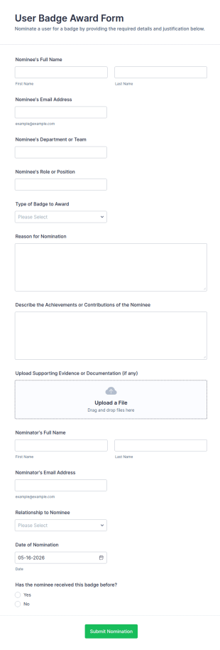 User Badge Award Form Template