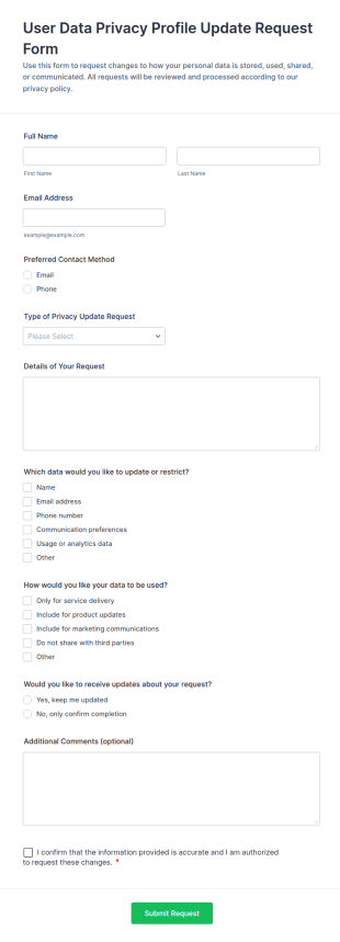 User Data Privacy Profile Update Request Form Template