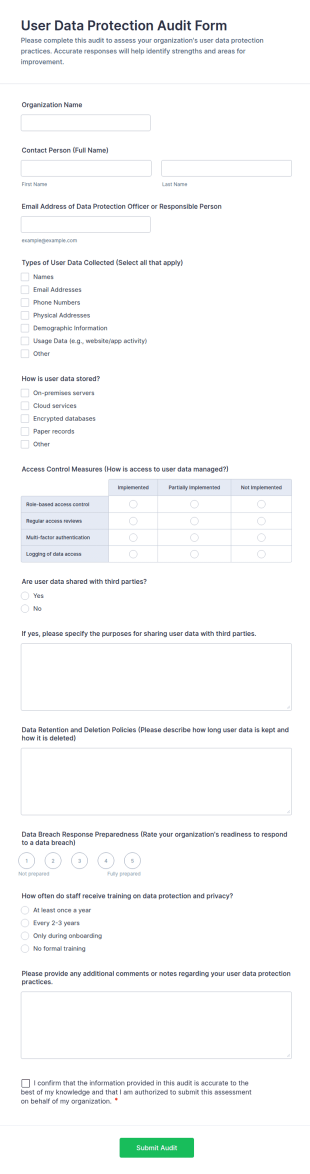 User Data Protection Audit Form Template
