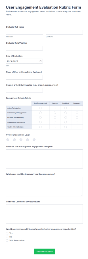 User Engagement Evaluation Rubric Form Template