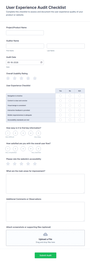 User Experience Audit Checklist Form Template