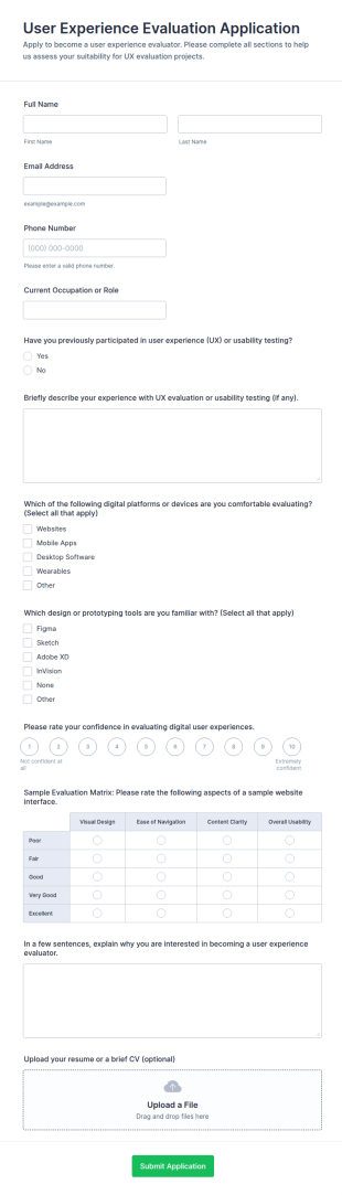 User Experience Evaluation Application Form Template