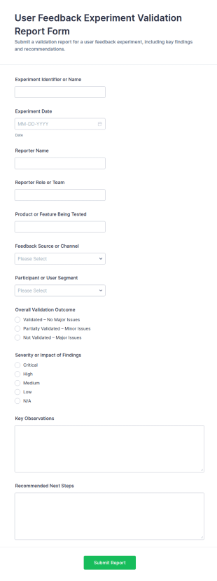 User Feedback Experiment Validation Report Form Template