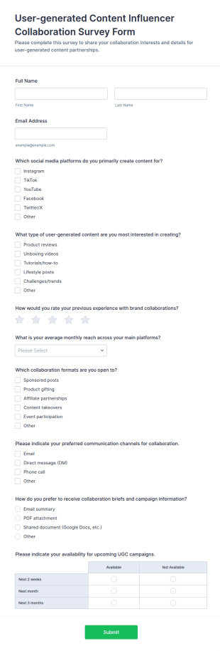User Generated Content Influencer Collaboration Survey Form Template