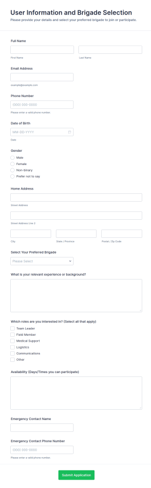 User Information And Brigade Selection Form Template