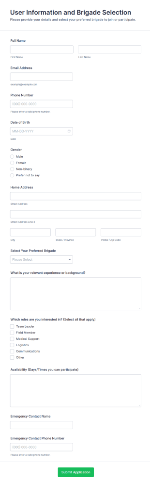 User Information And Brigade Selection Form Template