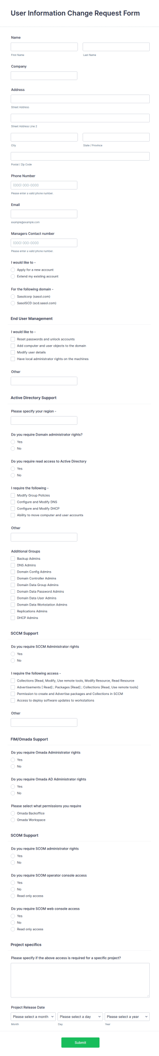 User Information Change Request Form Template