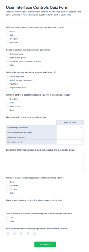 User Interface Controls Quiz Form Template