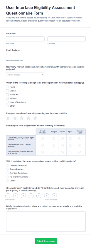 User Interface Eligibility Assessment Questionnaire Form Template