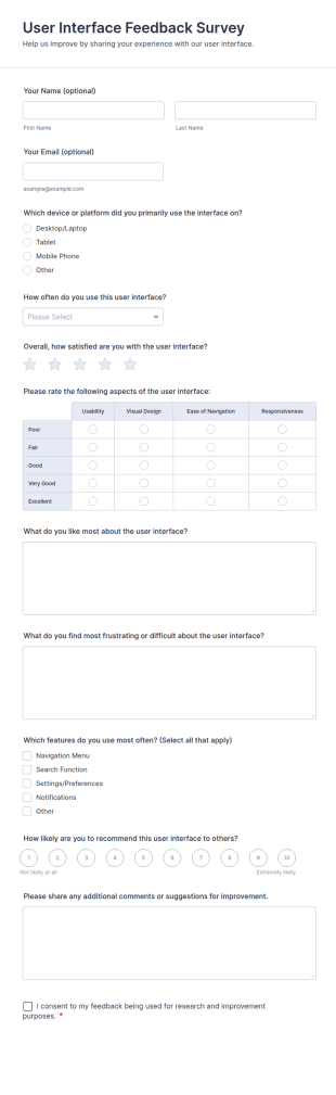 User Interface Feedback Survey Form Template