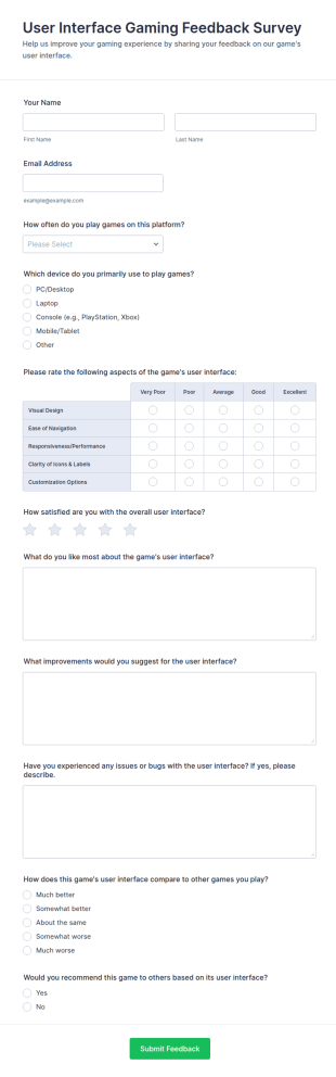 User Interface Gaming Feedback Survey Form Template