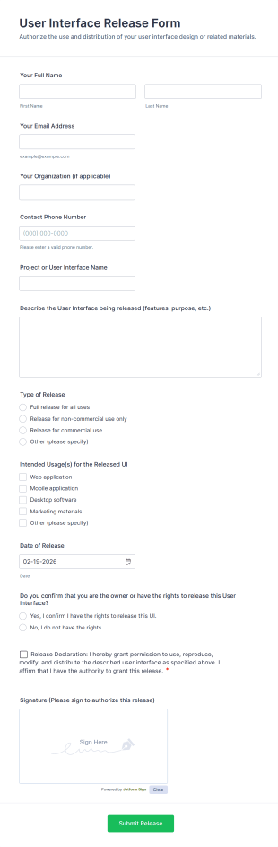User Interface Release Form Template