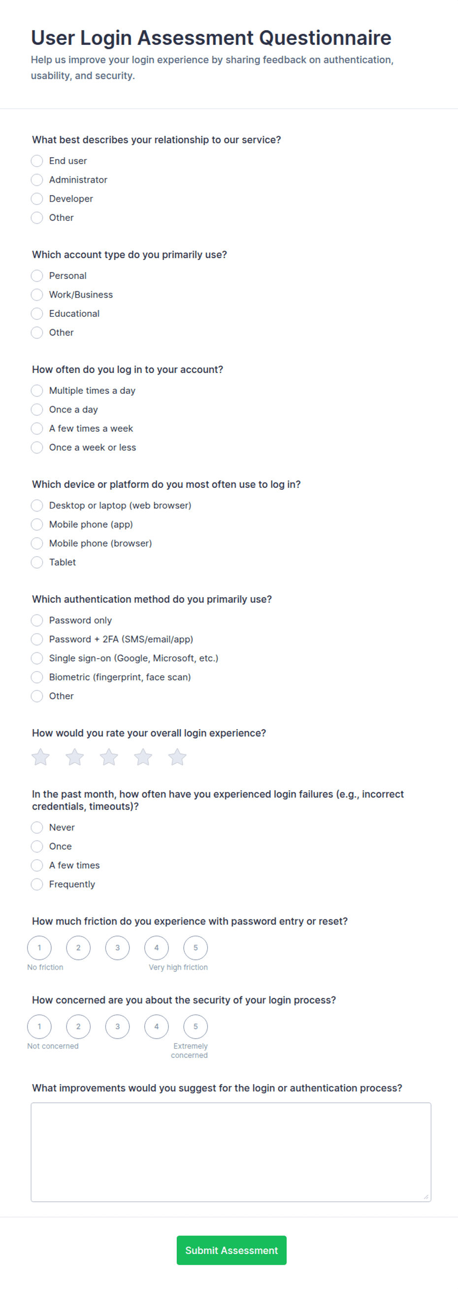 User Login Assessment Questionnaire Form Template | Jotform