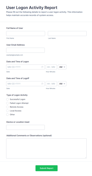 User Logon Activity Report Form Template