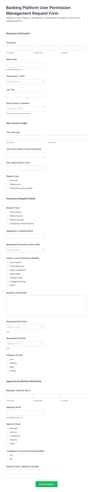 Banking Platform User Permission Management Request Form Template