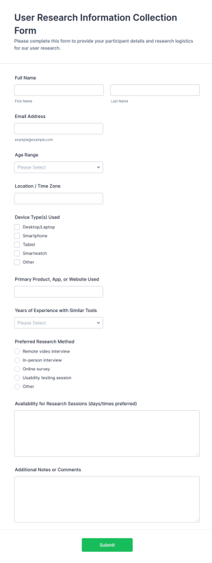 User Research Information Collection Form Template