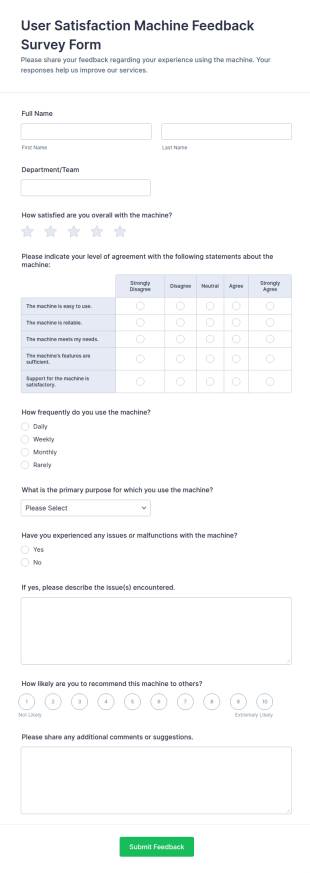User Satisfaction Machine Feedback Survey Form Template