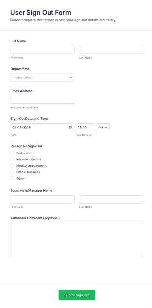 User Sign Out Form Template