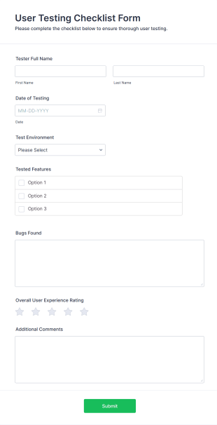 User Testing Checklist Form Template