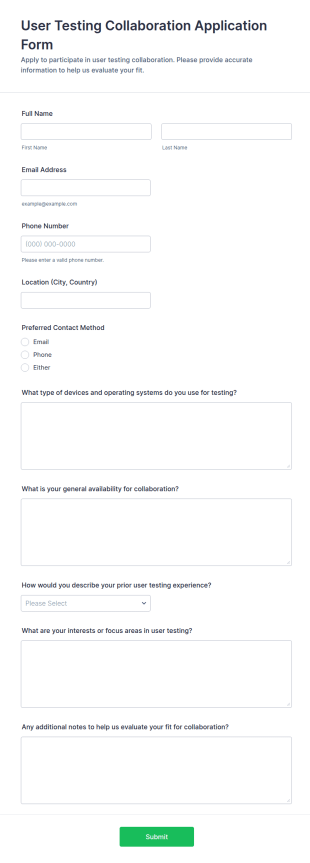 User Testing Collaboration Application Form Template