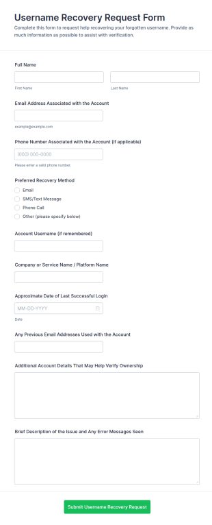 Username Recovery Request Form Template