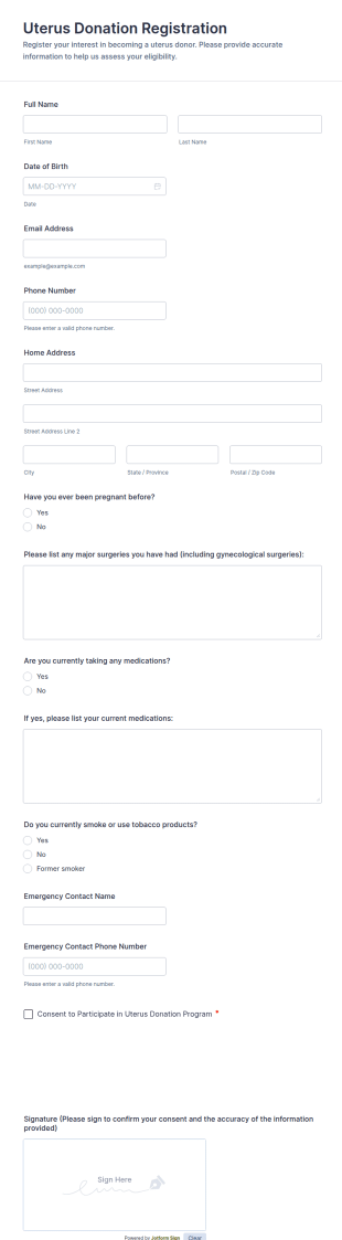Uterus Donation Registration Form Template