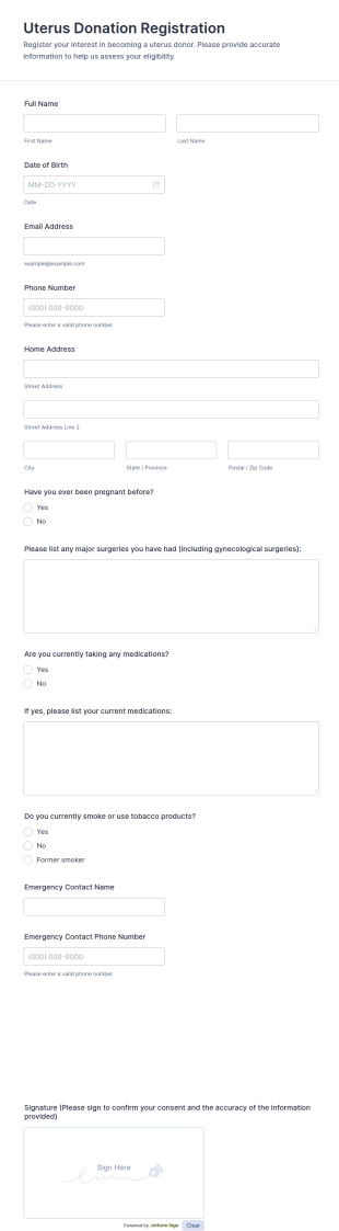 Uterus Donation Registration Form Template