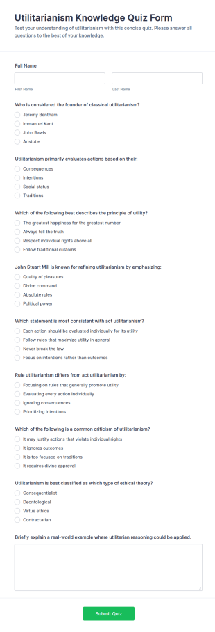 Utilitarianism Knowledge Quiz Form Template