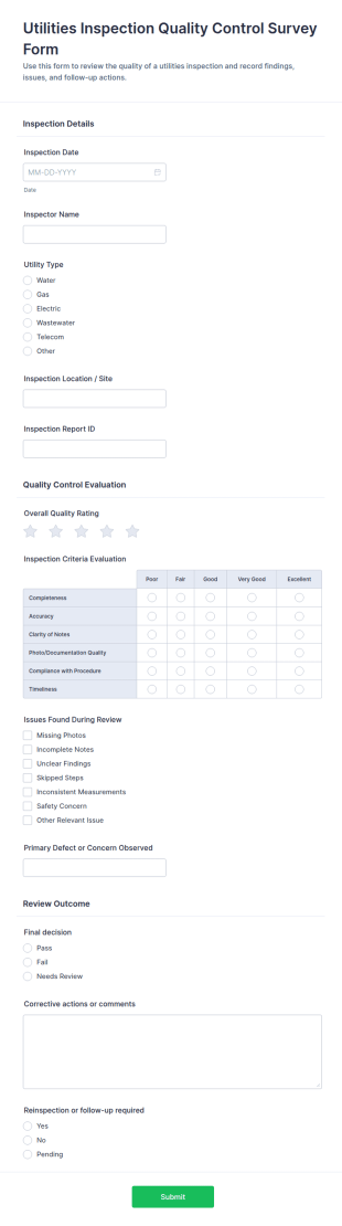 Utilities Inspection Quality Control Survey Form Template