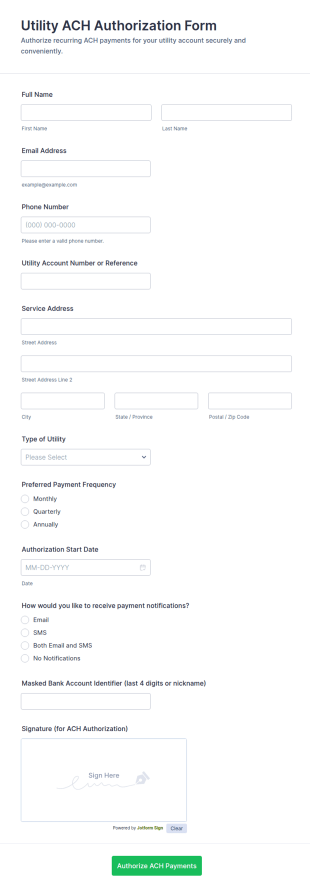 Utility ACH Authorization Form Template